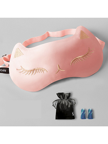 Маска для сна шелковая Cat с берушами и чехлом розовая